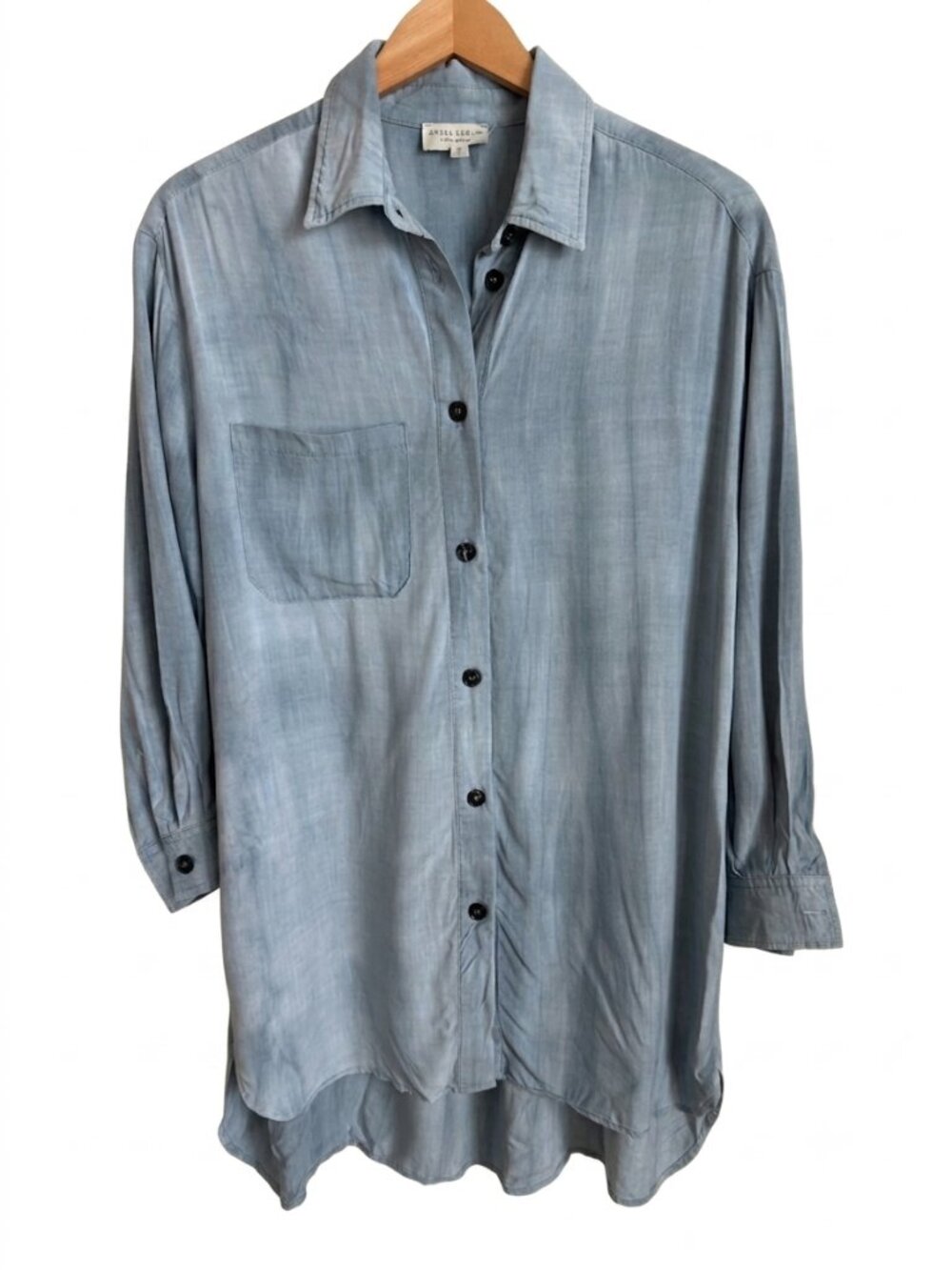 Oversized Rayon Tunic Shirt S Blue High Low 3/4 Sleeve Dress Forum Button Down